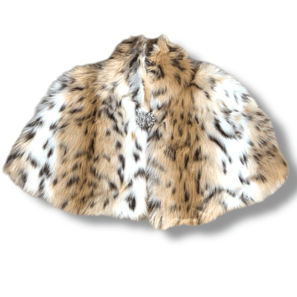 Express Faux Fur Leopard Print Capelet Burgundy Satin Lining Brooch Enclosure - Picture 13 of 13